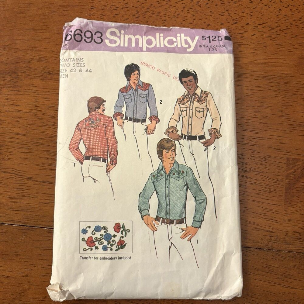 Vintage Simplicity 6693 Mens Western Shirt Sewing Pattern 42 44 Transfer